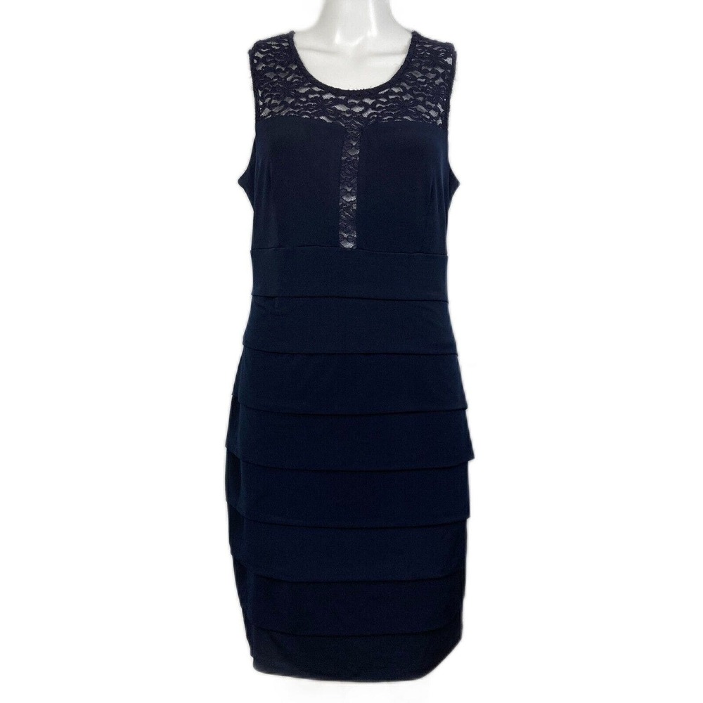 NWT Enfocus Dress Womens Sz 10 Navy Tiered Skirt Lace Detail Bodycon